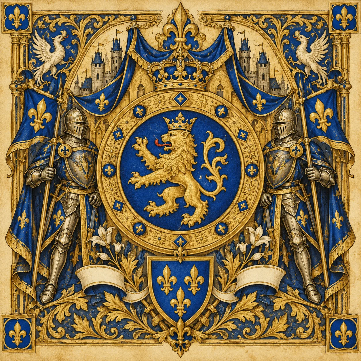 Golden heraldic crest with a crowned lion from the Golden Dynasty collection
