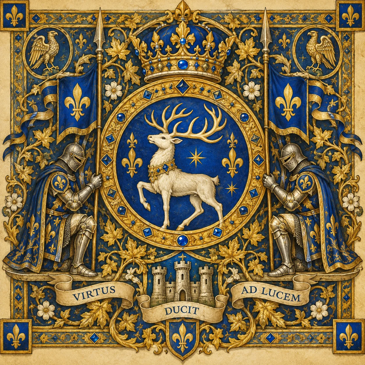 Blue and gold heraldic crest with a crowned white stag from the Golden Dynasty collection