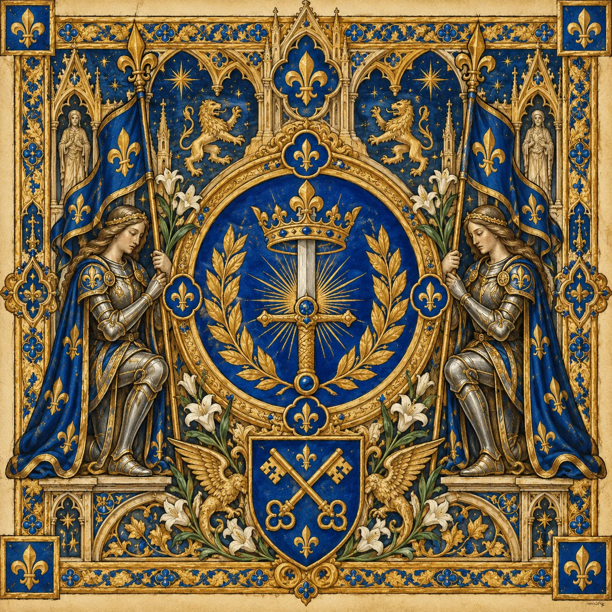 Blue and gold heraldic crest with a crowned sword from the Golden Dynasty collection