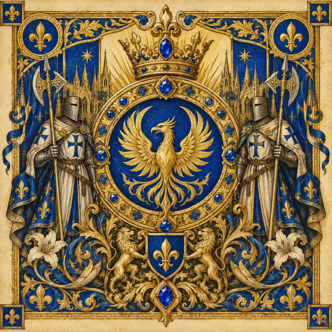 Blue and gold heraldic crest with a golden phoenix from the Golden Dynasty collection
